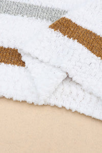 White with Blue & Tan Striped Popcorn Knit Sweater