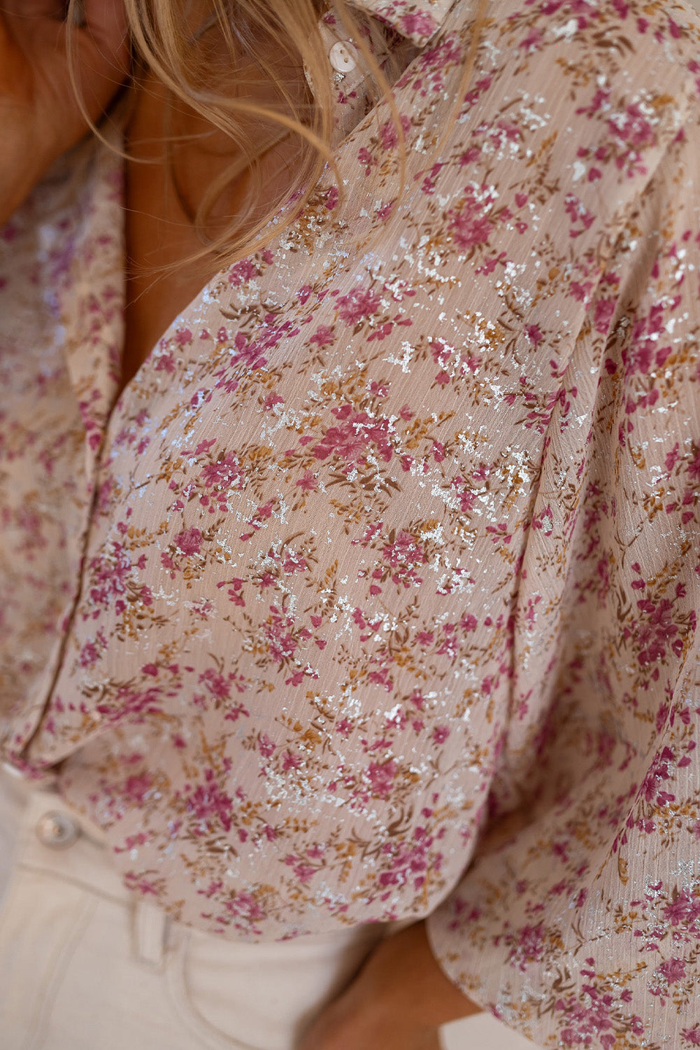 Pink Floral Silver Accent Print Bishop Sleeve Collared V-Neck Blouse