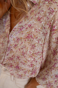 Pink Floral Silver Accent Print Bishop Sleeve Collared V-Neck Blouse