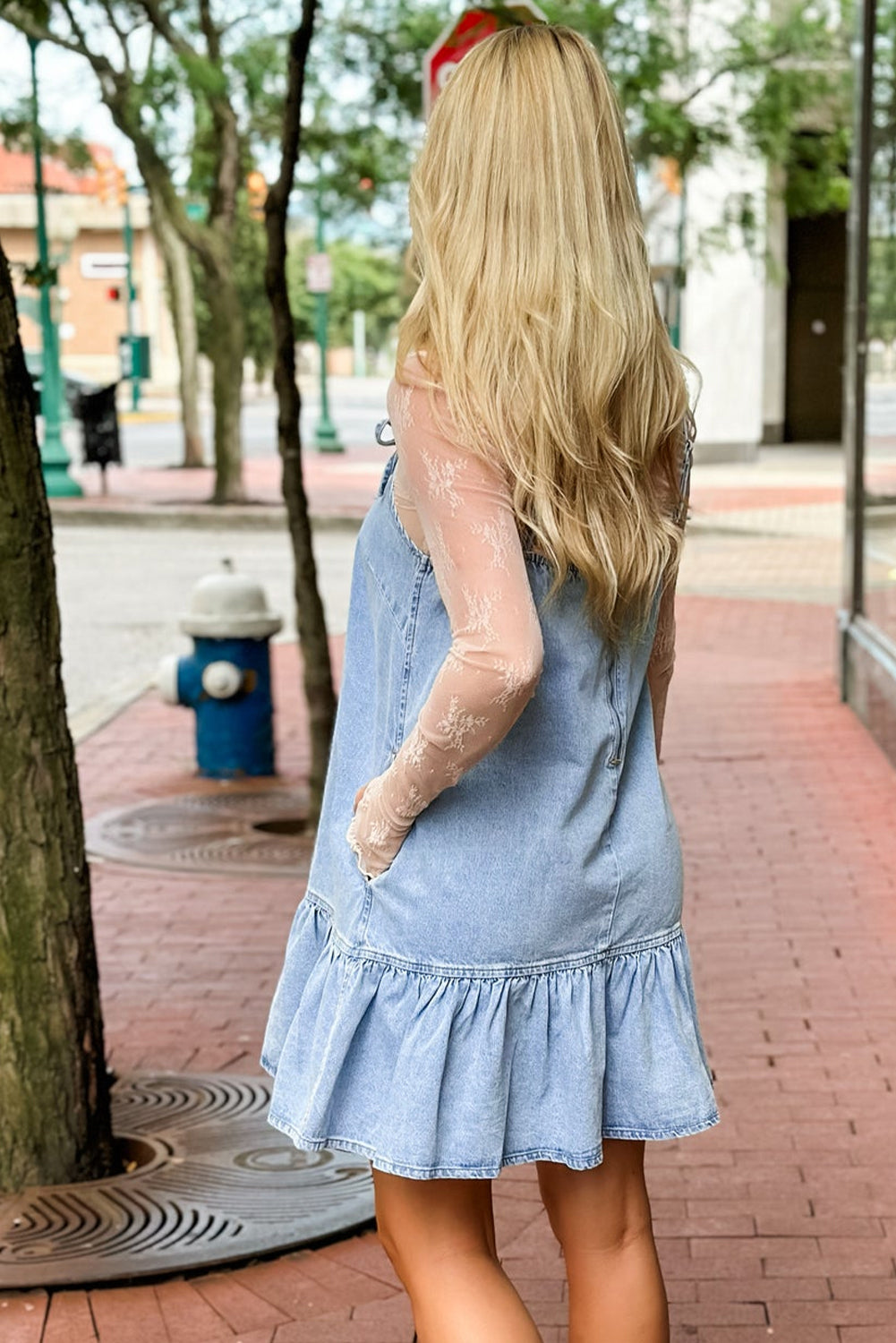 Light Wash Spaghetti Straps Ruffled Denim Sun Dress