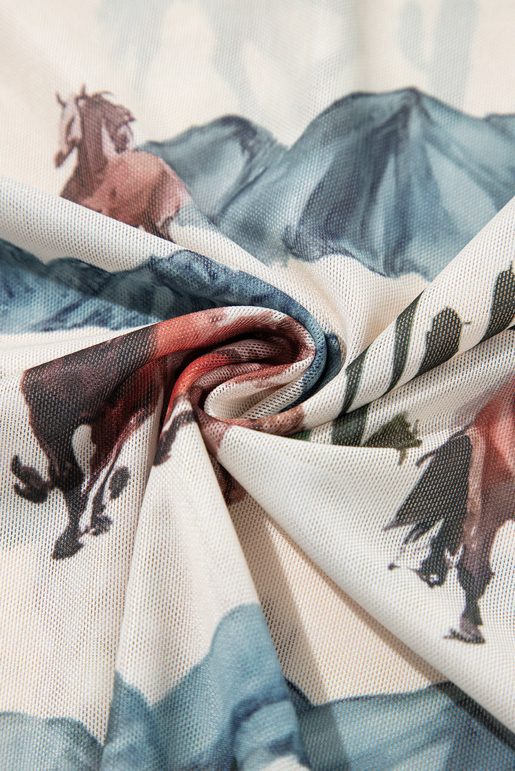 Beige Old Western Horse Print Sheer Mesh Tee