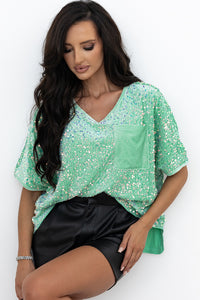 Mint Green Sequined Velour Batwing Sleeve Hi-lo V-Neck Top