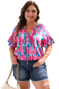 Pink Plus Size Brushstroke Ruffle Sleeve Button V-Neck Blouse