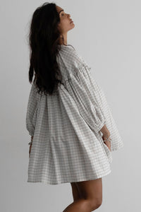 White Stripe Checkered Frilled V-Neck Bracelet Sleeve Babydoll Dress