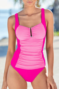 Fuchsia Pink Color Block Ruched Tankini 2-Pc. Swimsuit