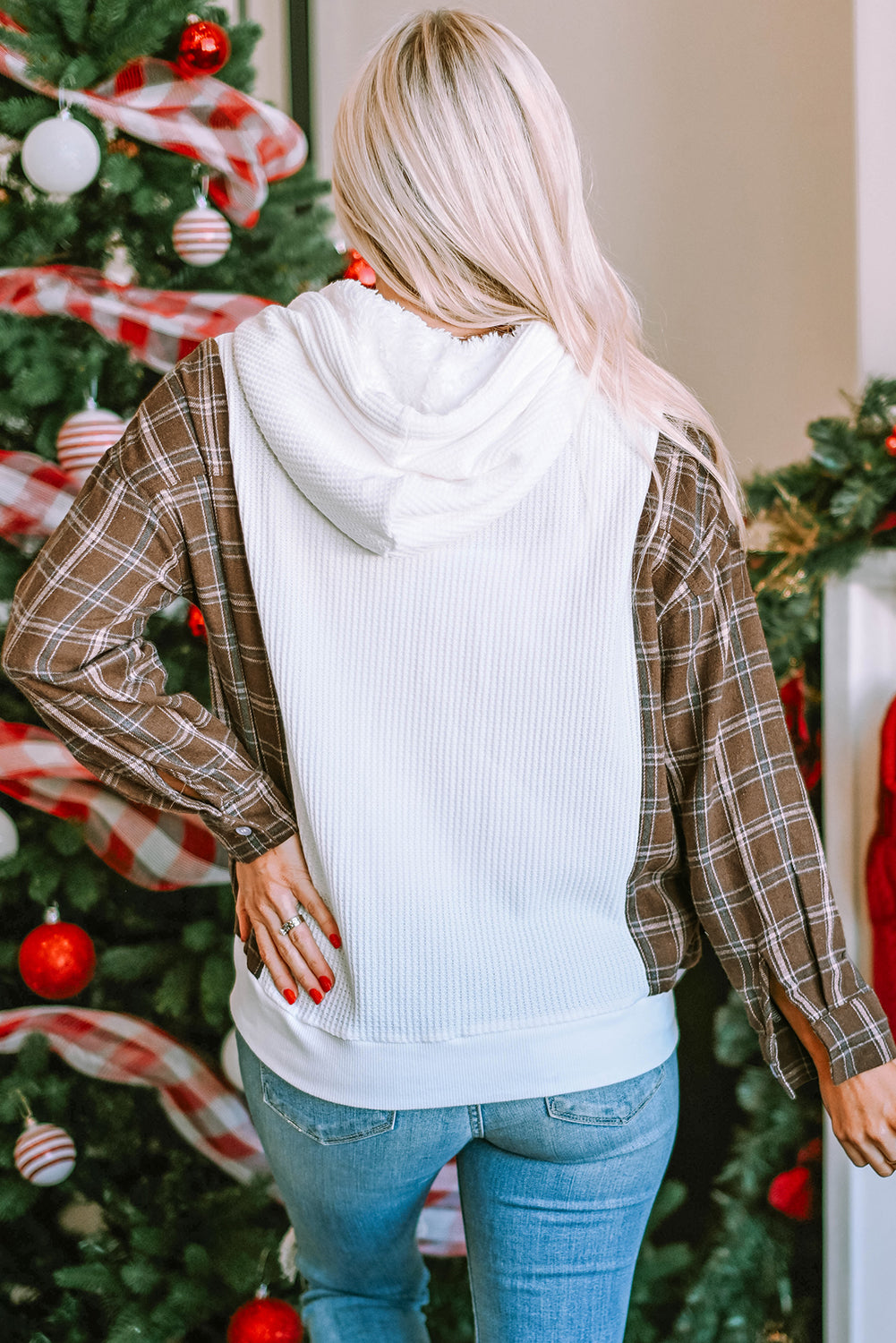 Brown Plaid and White Color Block Waffle Knit Hoodie
