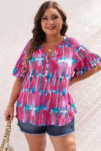 Pink Plus Size Brushstroke Ruffle Sleeve Button V-Neck Blouse