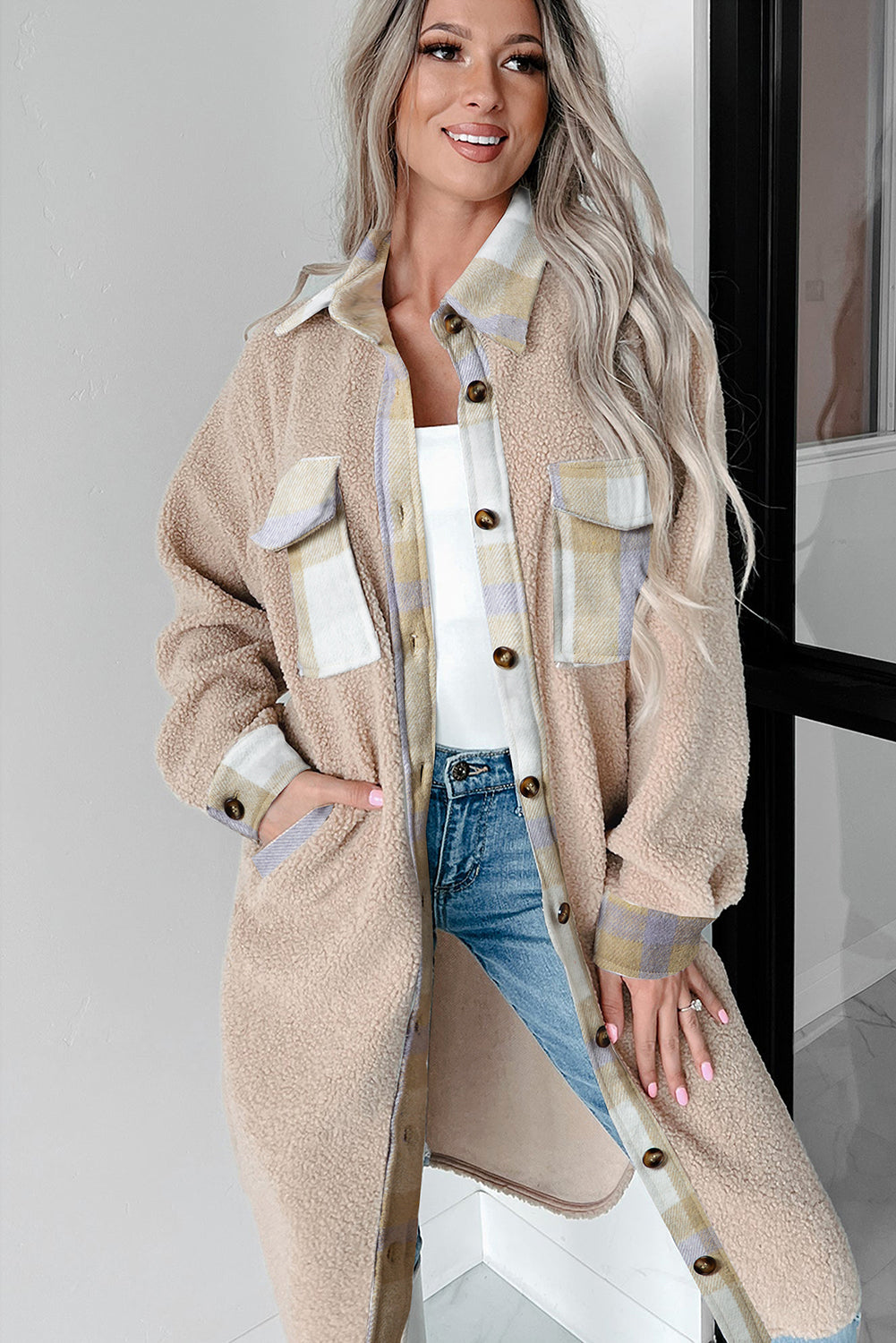 Beige Plaid Patchwork Collared Button-up Sherpa Long Coat