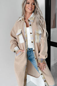 Beige Plaid Patchwork Collared Button-up Sherpa Long Coat