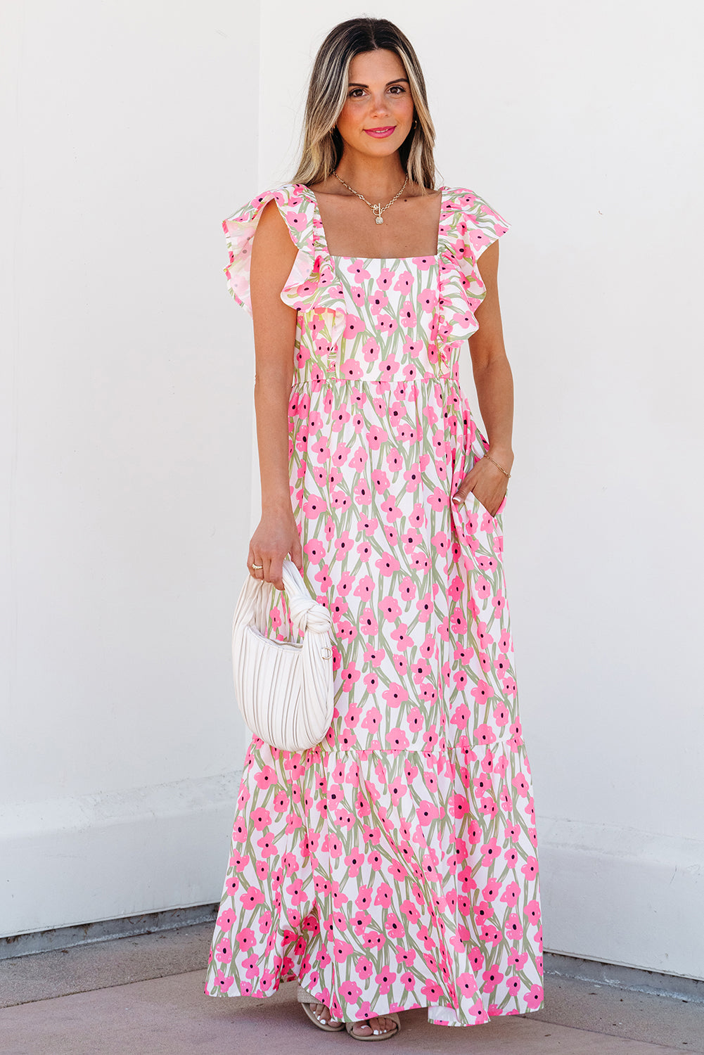 Pink Floral Print Square Neck Ruffled Maxi Sun Dress