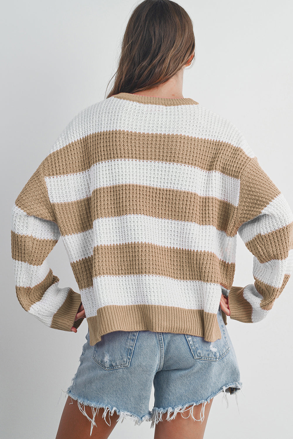 Light Beige Striped Drop Shoulder Side Slit Cable Knit Sweater