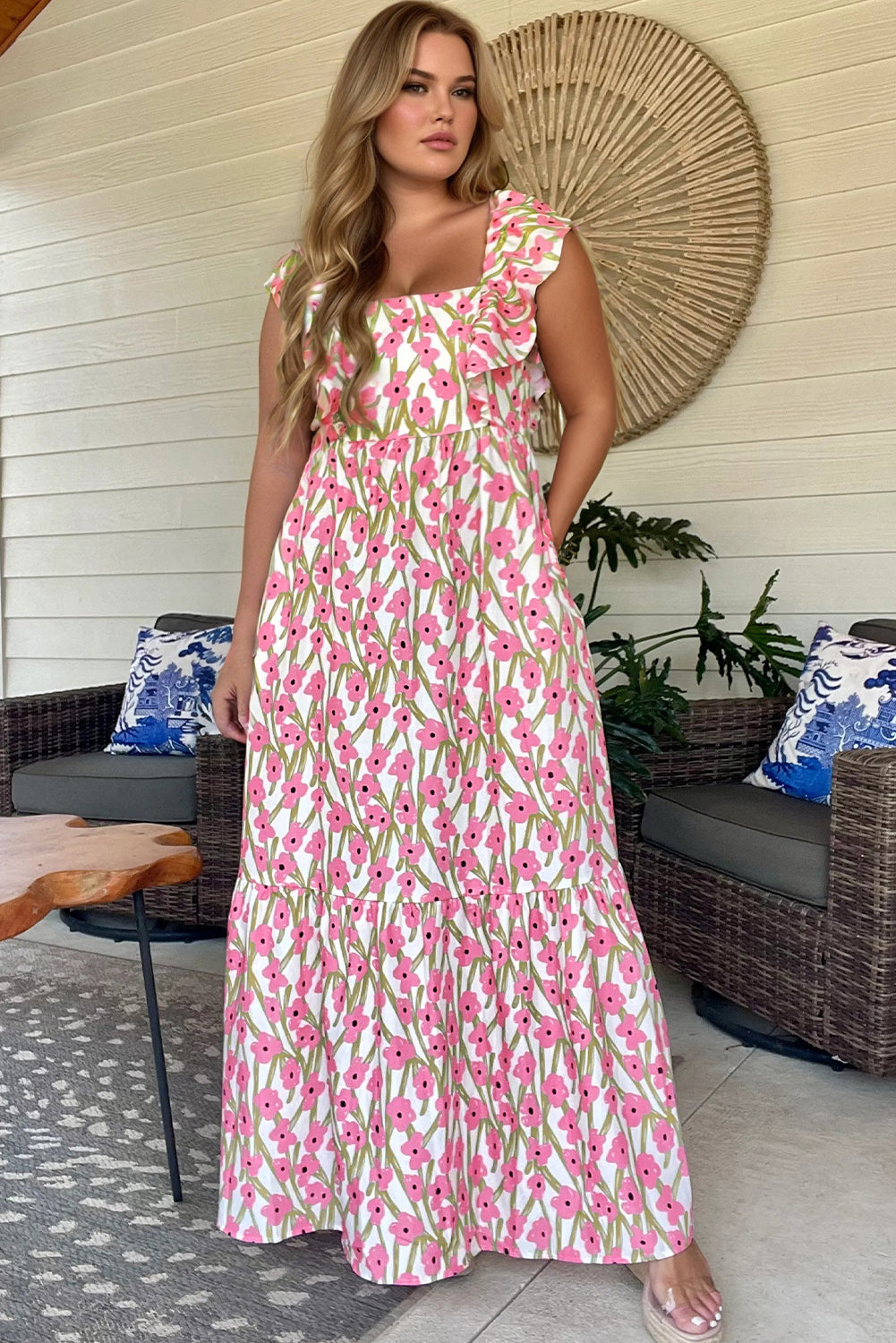 Plus Size Pink Floral Print Square Neck Ruffled Maxi Sun Dress