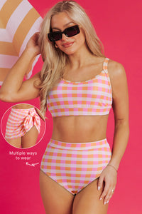Pink Coral Plaid High Waist Bottom Bikini Top & Sarong 3-Piece Set