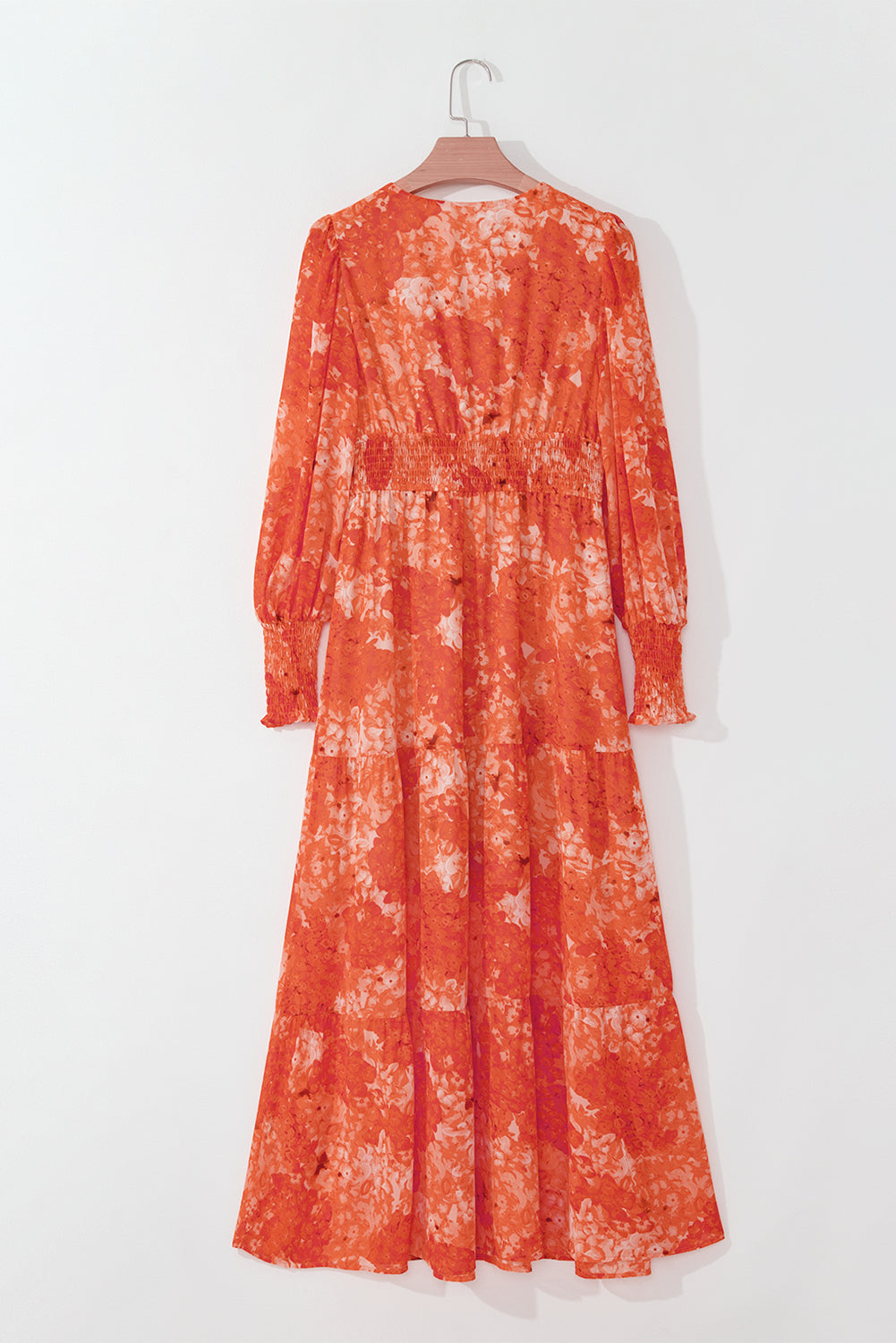 Orange Boho Floral Bishop Sleeve V-Neck Tiered Maxi Dress