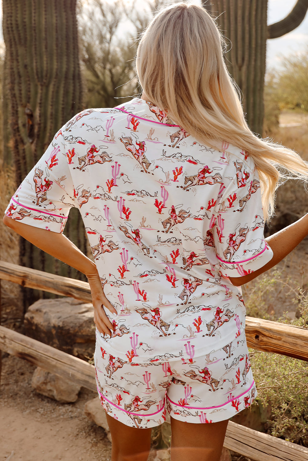 White and Bright Pink Contrast Cowgirl Country Print Pajama Lounge Set