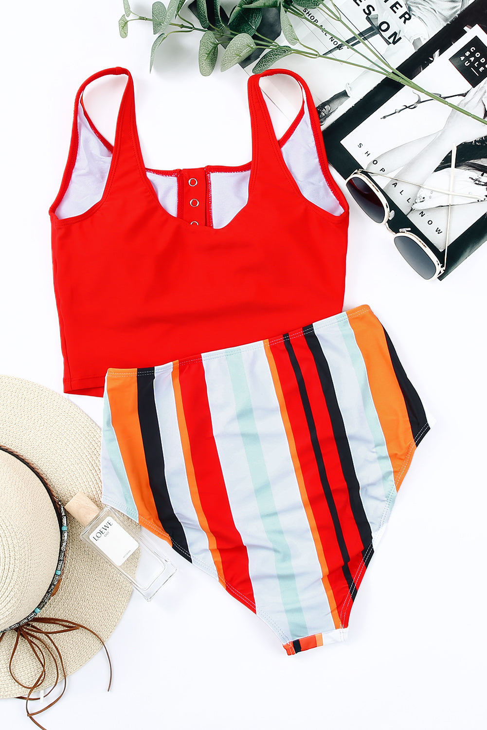 Solid Color Snap Neckline Top Printed Bottom Tankini
