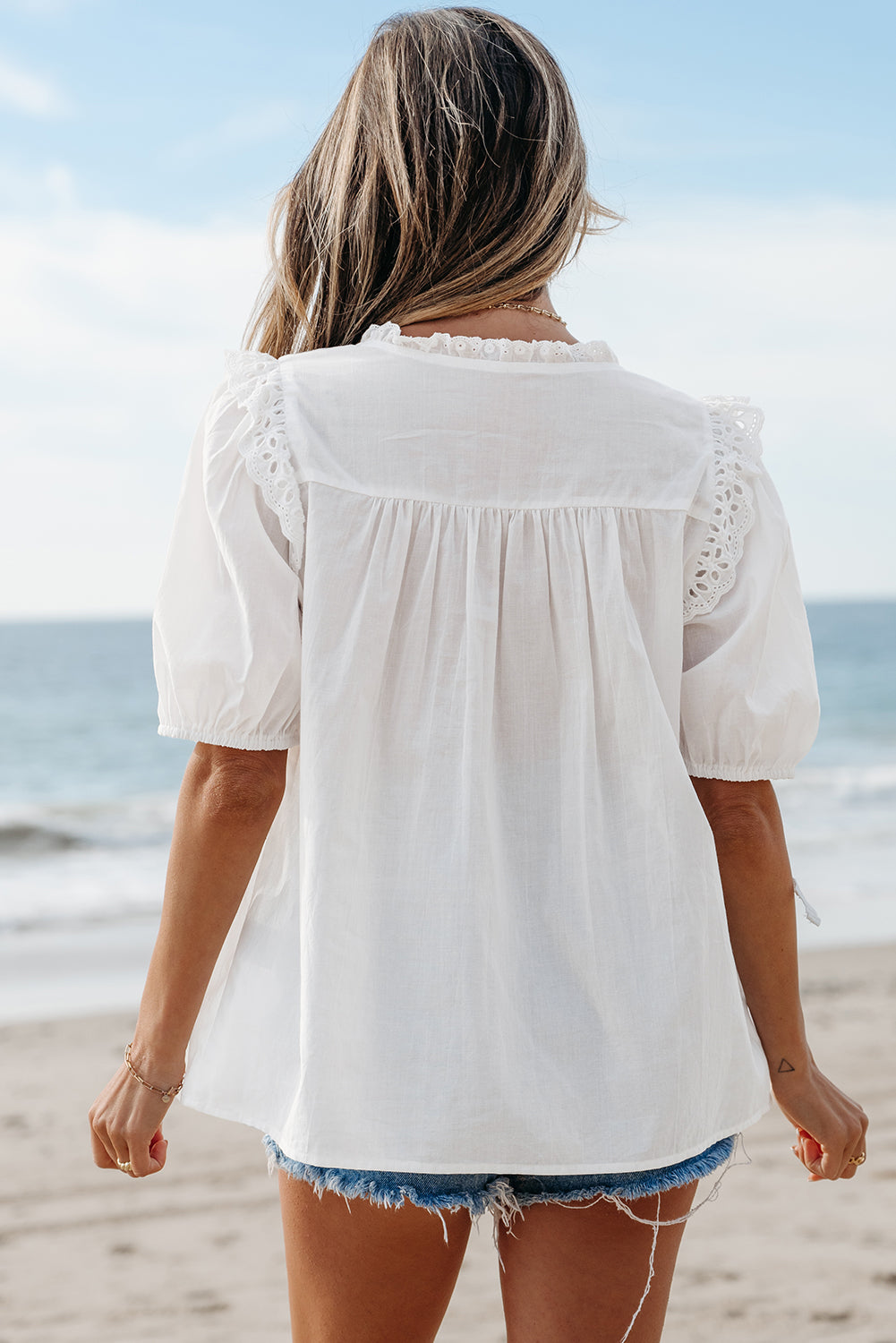 White Eyelet V-Neck Tie Puff Short Sleeve Cotton Blouse