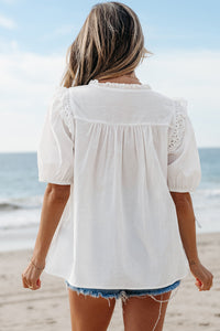 White Eyelet V-Neck Tie Puff Short Sleeve Cotton Blouse