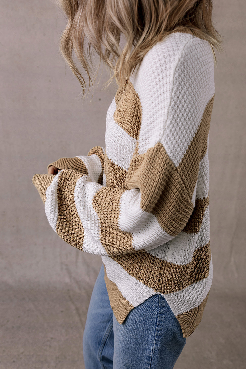 Light Beige Striped Drop Shoulder Side Slit Cable Knit Sweater