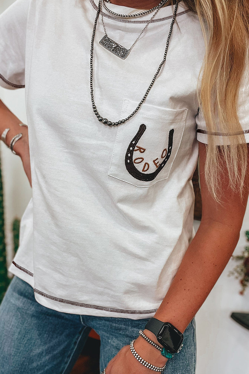 White RODEO Horseshoe Embroidered Chest Pocket Tee