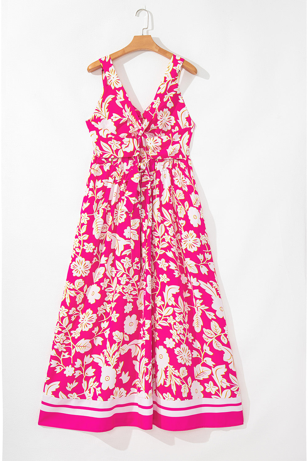 Bright Pink Floral V-Neck Crisscross Open Back Maxi Dress