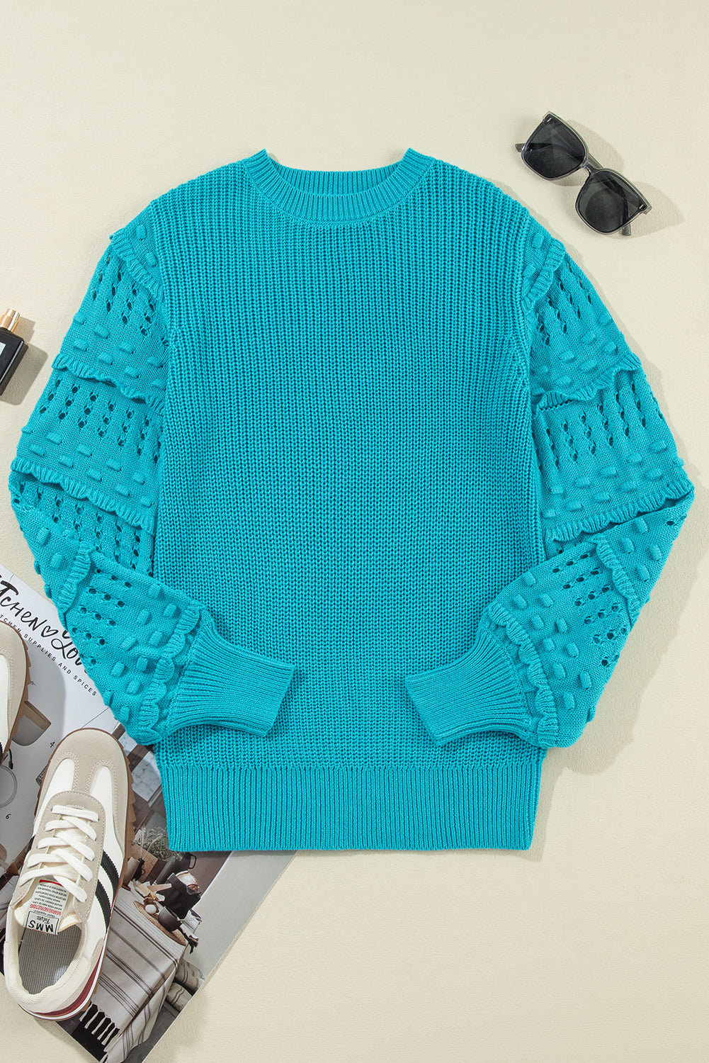 Turquoise Eyelet Bubble Sleeve Knit Sweater