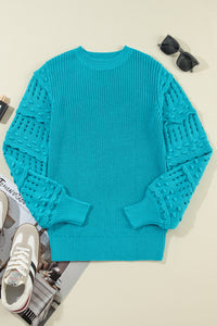 Turquoise Eyelet Bubble Sleeve Knit Sweater