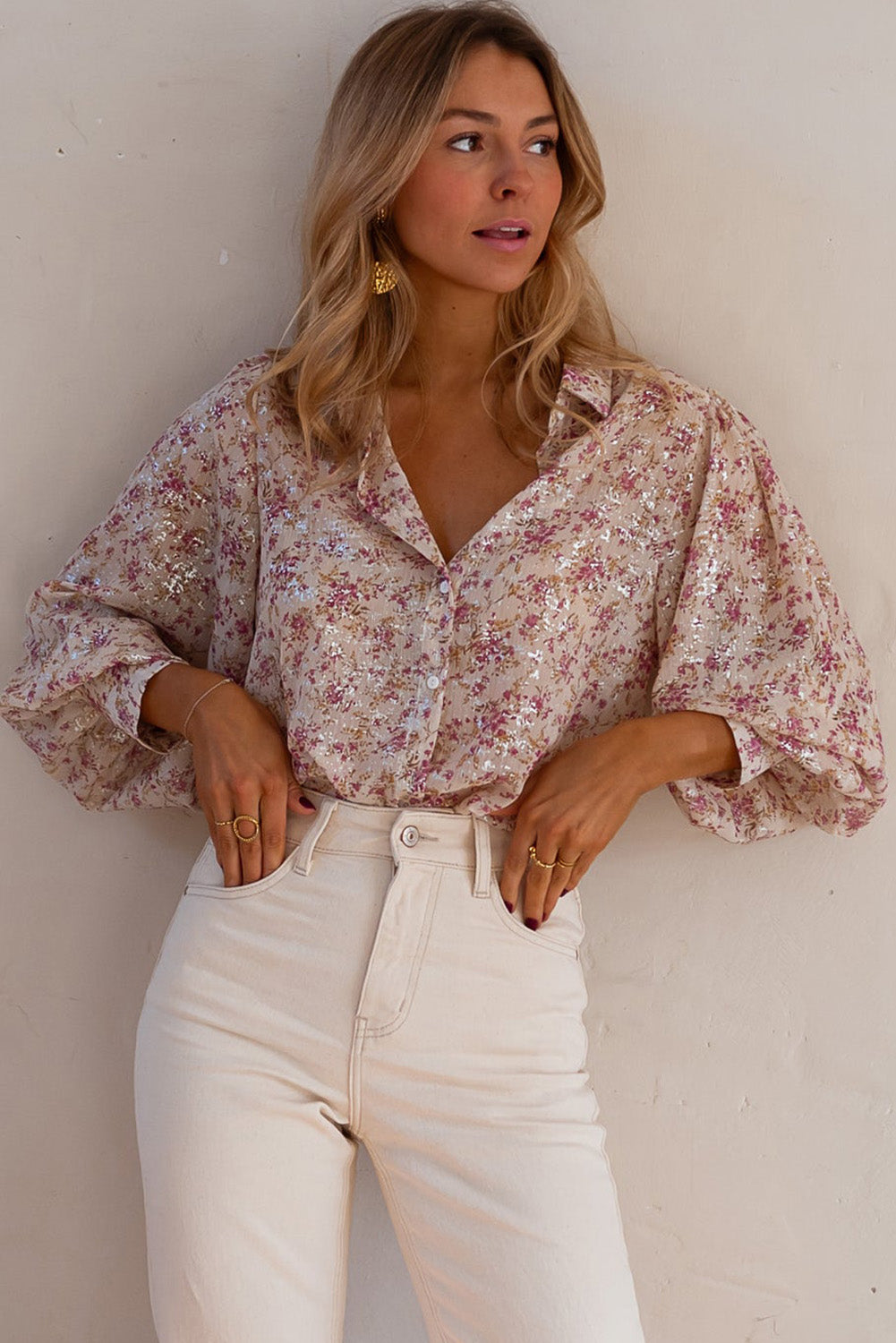 Pink Floral Silver Accent Print Bishop Sleeve Collared V-Neck Blouse