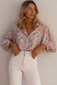 Pink Floral Silver Accent Print Bishop Sleeve Collared V-Neck Blouse