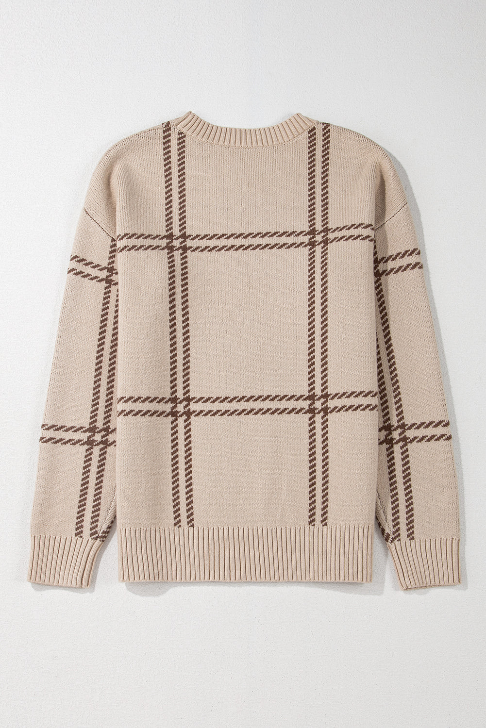 Beige Window Pane Plaid Drop Shoulder Knit Sweater
