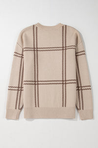 Beige Window Pane Plaid Drop Shoulder Knit Sweater
