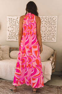Pink and Orange Abstract Printed High Neck Halter Maxi Dress
