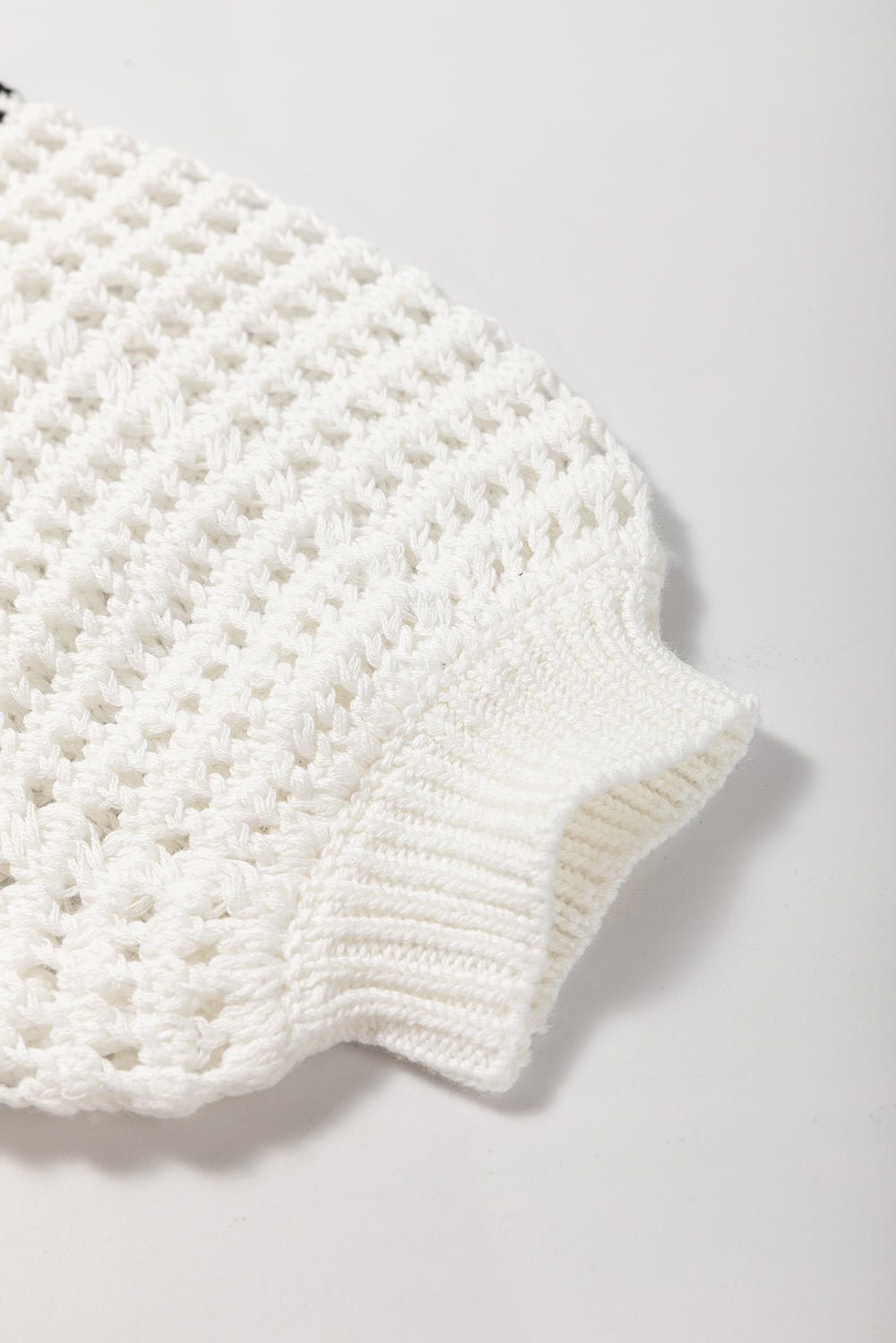 White Black Stripe Open Knit Puff Sleeve Sweater