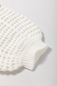 White Black Stripe Open Knit Puff Sleeve Sweater
