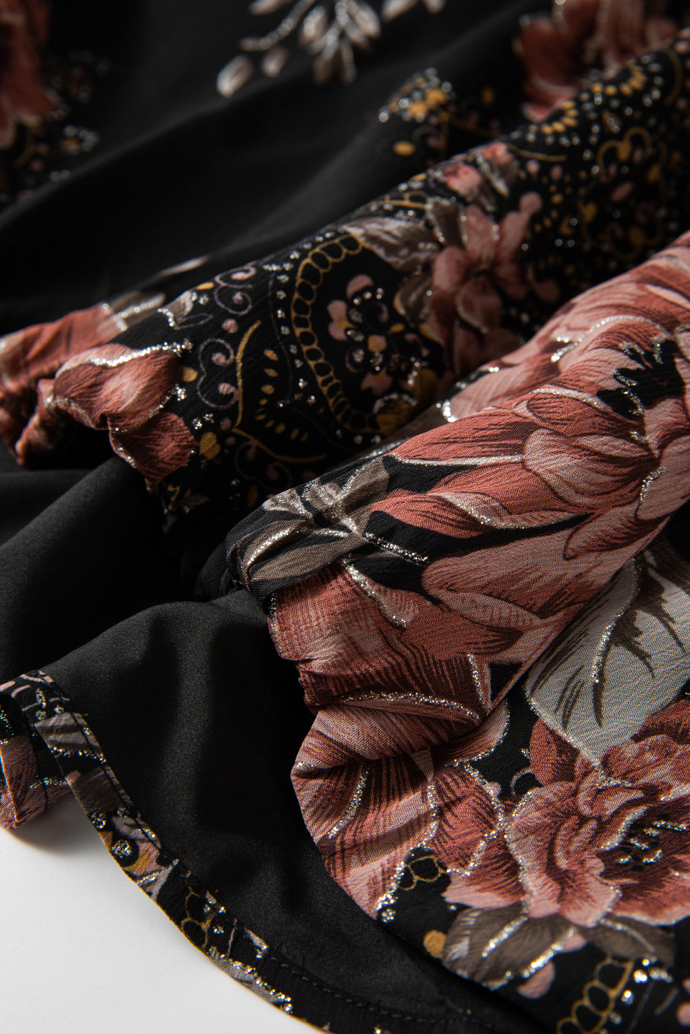 Black Floral Print Cross Over V-Neck Balloon Sleeve Blouse