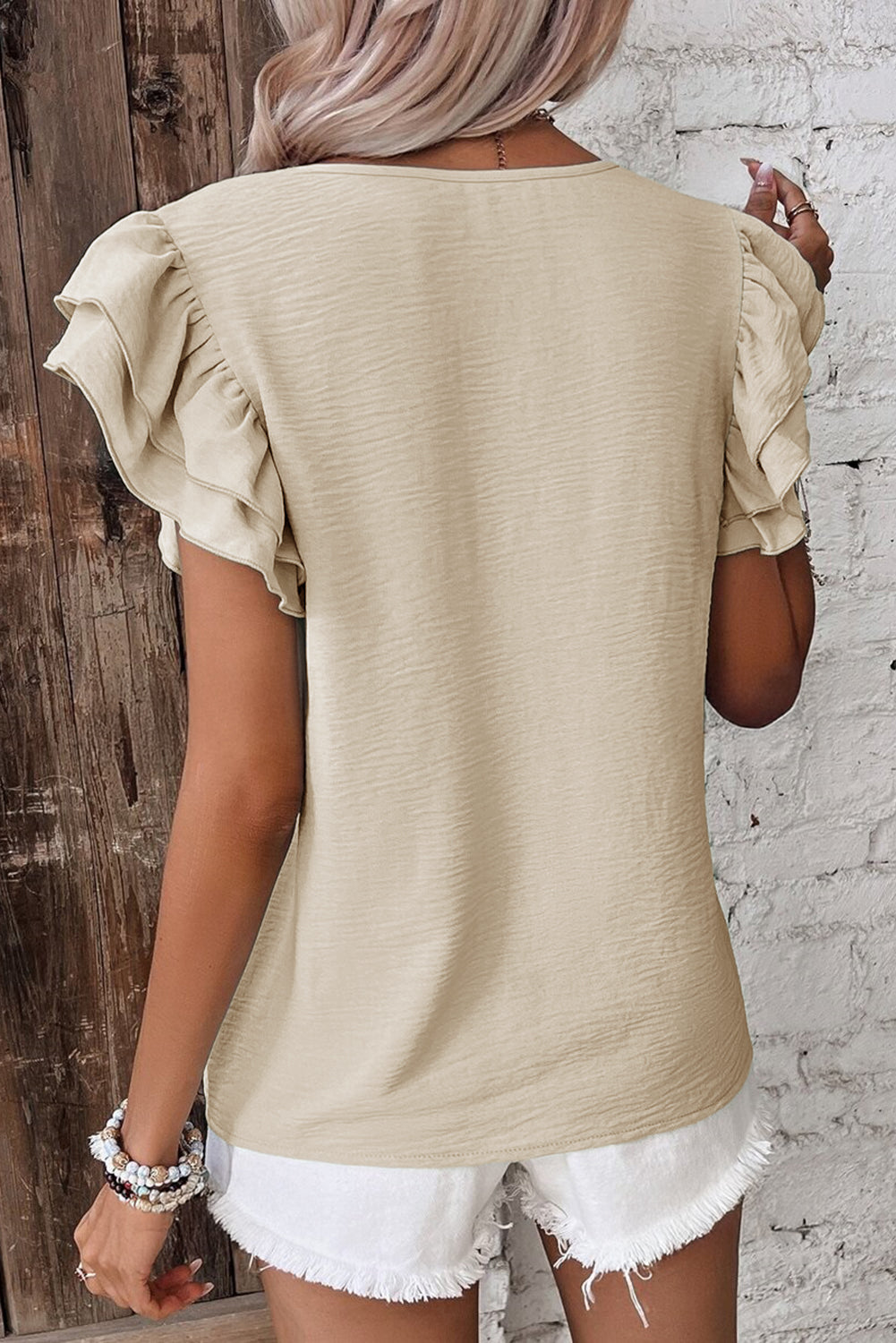 Beige Ruffled Cap Sleeve Textured Blouse