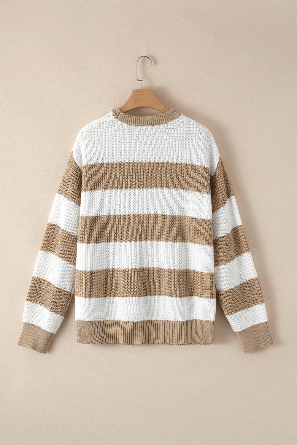 Light Beige Striped Drop Shoulder Side Slit Cable Knit Sweater