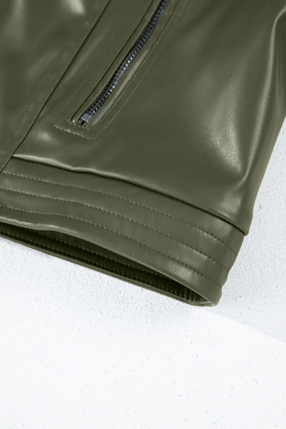 Olive Green Faux Leather Zip Up Slim Fit Bomber Jacket