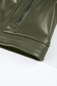 Olive Green Faux Leather Zip Up Slim Fit Bomber Jacket
