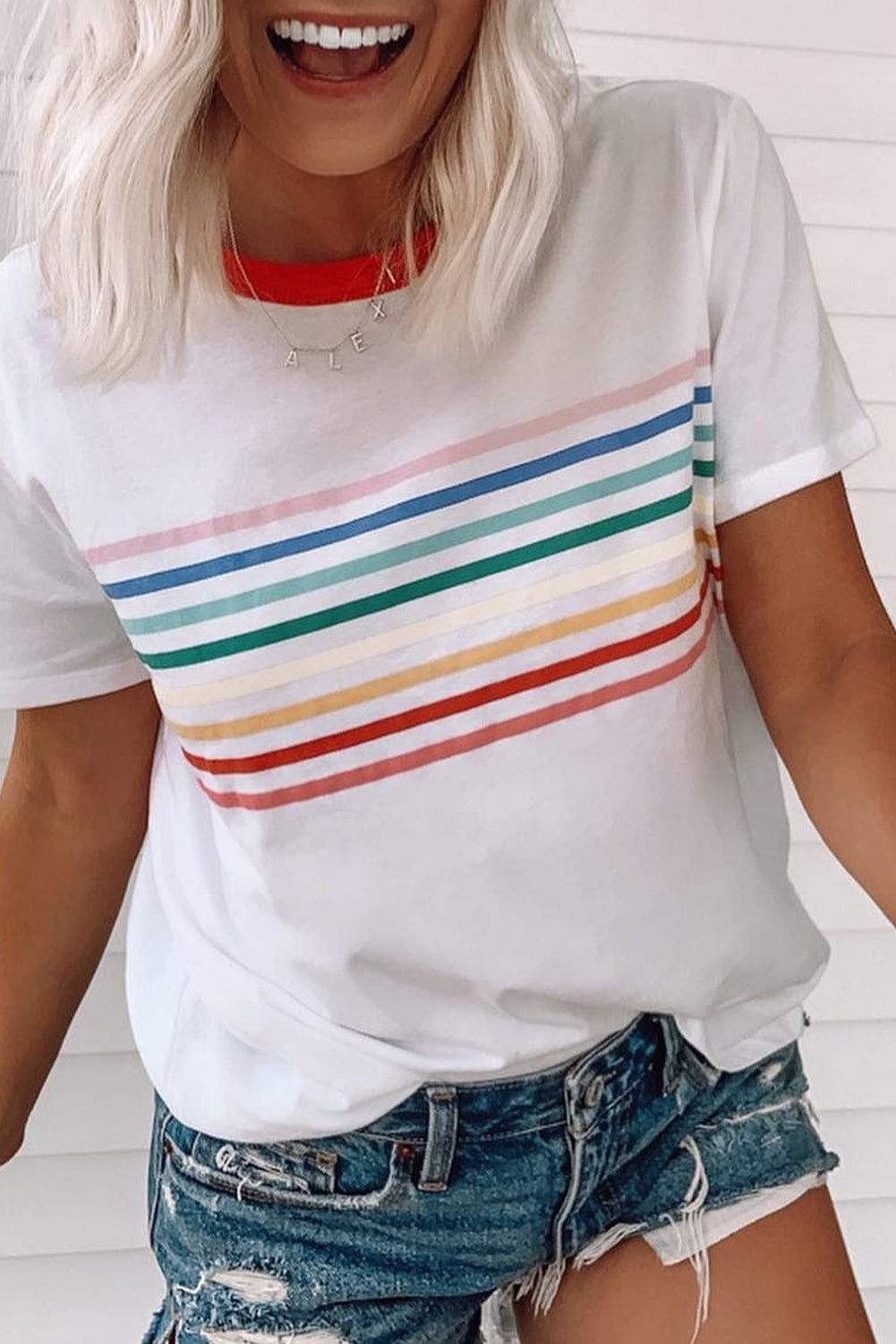 White Rainbow Stripe Graphic Red Trim Crew Neck T-Shirt