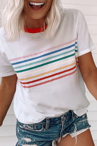 White Rainbow Stripe Graphic Red Trim Crew Neck T-Shirt