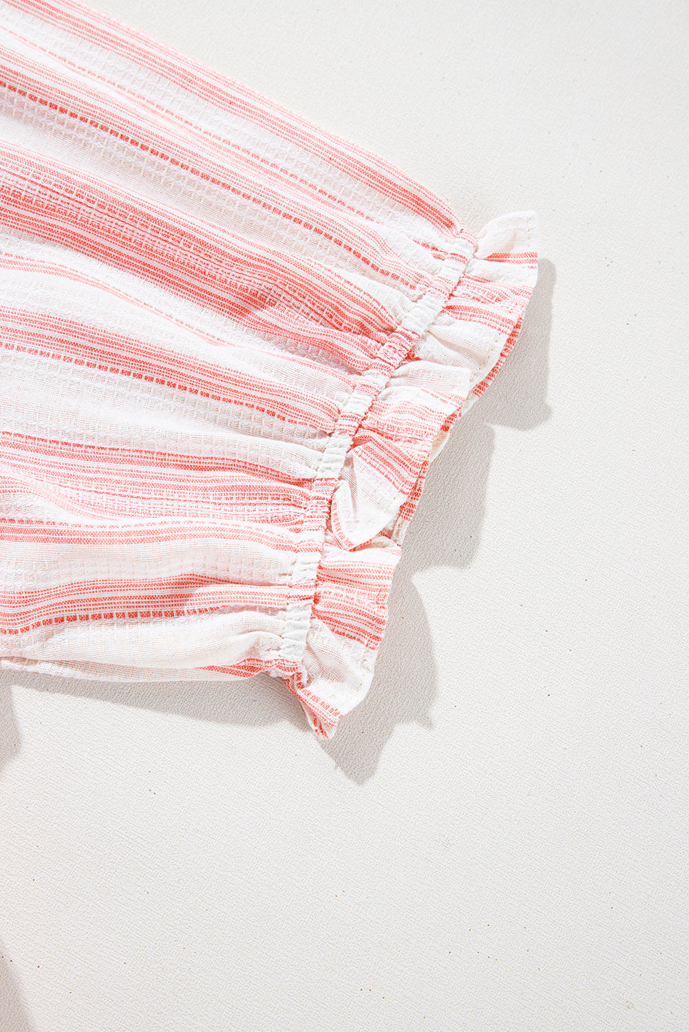 Plus Size Salmon Stripe Tassel Tie Split V-Neck Short Sleeve Blouse