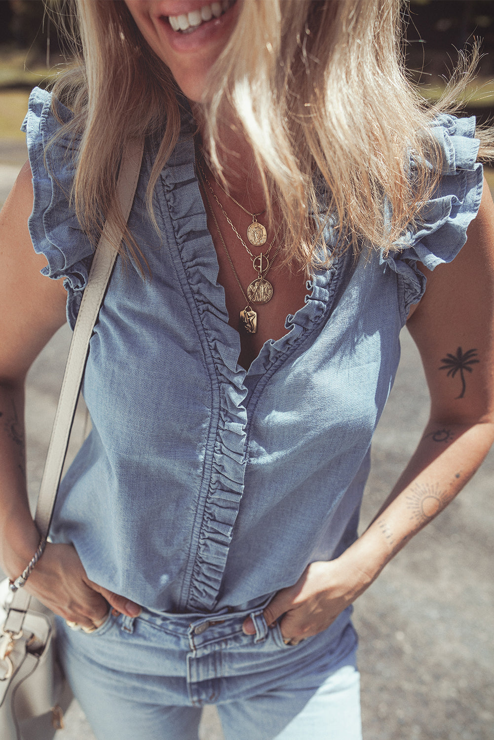 Medium Wash Ruffled V-Neck Flutter Sleeve Denim Top