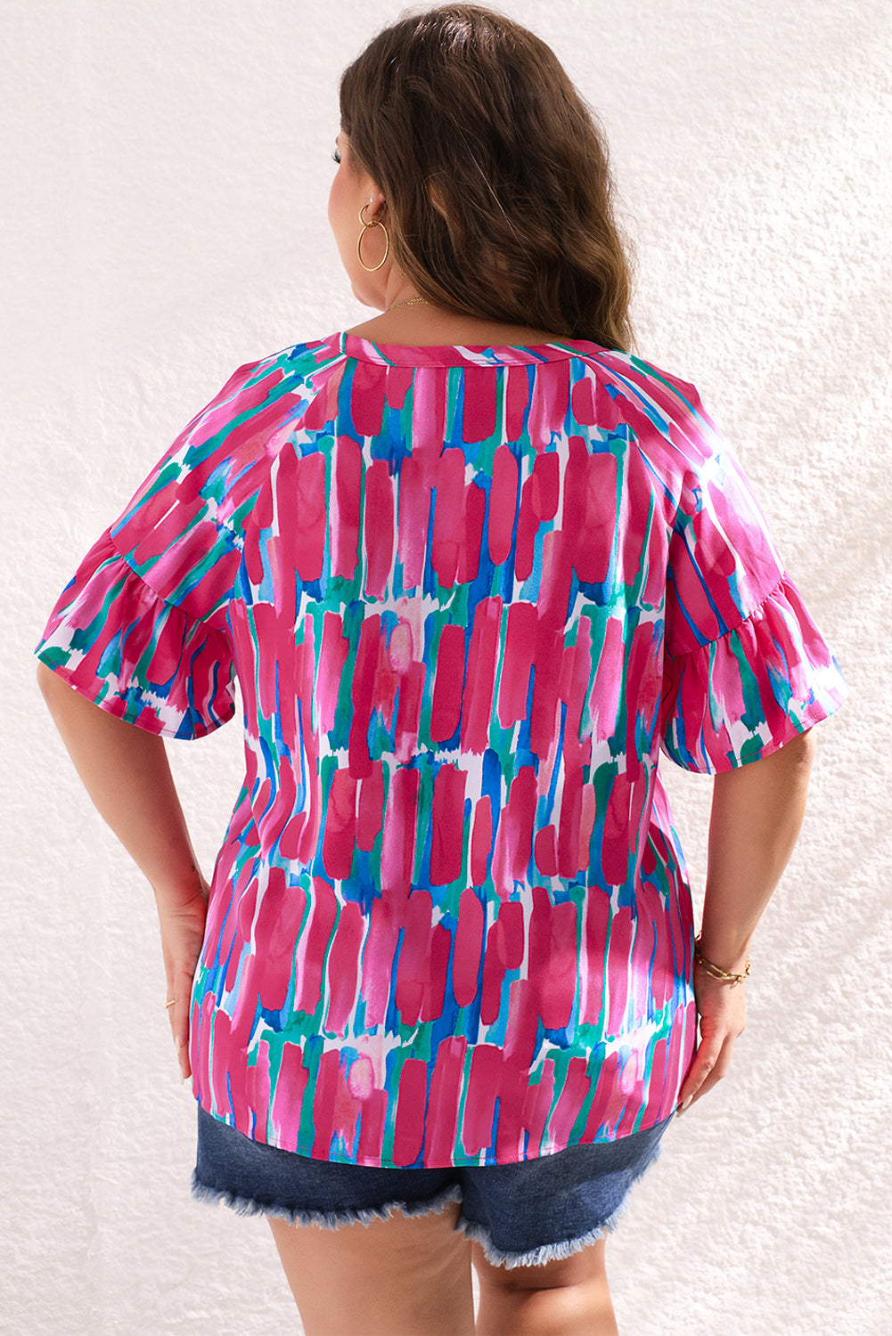 Pink Plus Size Brushstroke Ruffle Sleeve Button V-Neck Blouse