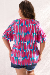Pink Plus Size Brushstroke Ruffle Sleeve Button V-Neck Blouse