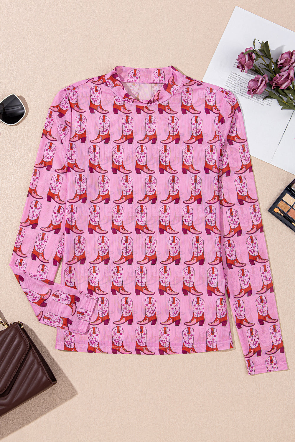 Pink Cowgirl Boots Print Mock Neck Long Sleeve Mesh Top