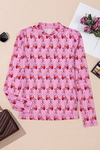 Pink Cowgirl Boots Print Mock Neck Long Sleeve Mesh Top