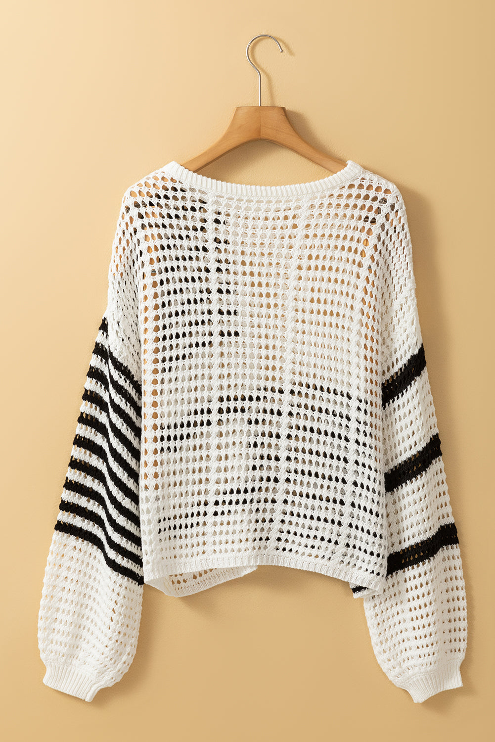 White Black Stripe Open Knit Puff Sleeve Sweater
