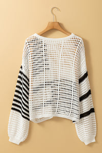 White Black Stripe Open Knit Puff Sleeve Sweater