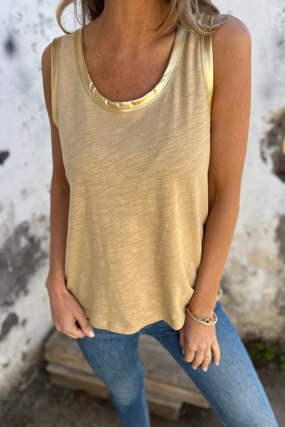 Metallic Shine Trim Scoop Neck Tank Top